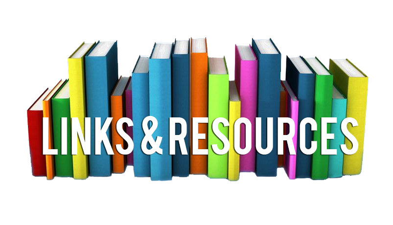 links-and-resources Books of various colors on a white background with the words, "Links & Resources" in white across the books